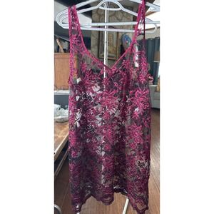 Vintage 90s Colence Couture Lingerie Sheer Lace Tank Top Chemise Magenta Black L